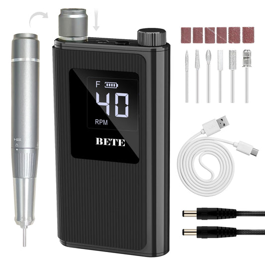 BETE Professional Nail Drill, 40000 RPM Cordless Electric Nail File Kit with 6 Bits, Rechargeable Efile for Acrylic Gel Nails Polishing, Manicure Tools for Salon Home Use, Black