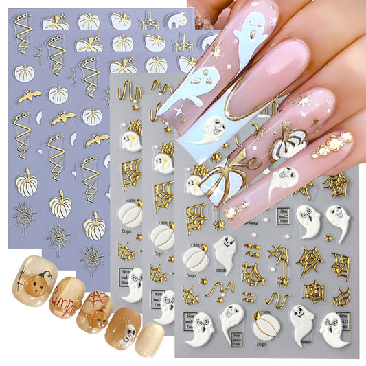 Halloween 5D Embossed Gold Spider Web Nail Art Stickers Cute Ghost Nail Art Decals Self-Adhesive Pumpkin Nail Decals Star Bat Nail Stickers Holiday Nail Supplies for Women Acrylic Nails 6 Sheets