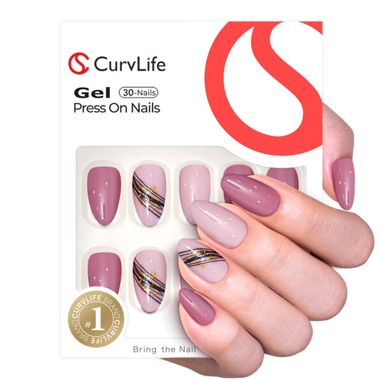 CurvLife Press On Nails – 30PCS Full Cover False Natural Fit Soft Gel Fake Nails Tips, Easy to Apply at Home Glue On False Nails Kit (Minimal Line Almond, Medium)