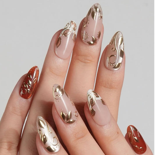 FIEONCIY Press on Almond Nails Short Length Glossy Acrylic Almond Shaped False Nails with Designs Artificial Medium Fake Nails with Charms Glue Stick on Fingernails for Women Girls(WSJ2399)