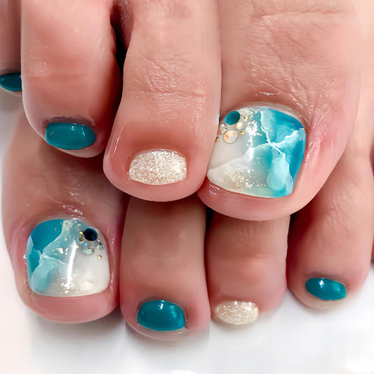 IMRAIN Press on Toenails Short Square Fake Toenails Blue White Toenail Press ons Cute Summer False Toe Nails with Sea Wave Designs Glossy Golden Glitter Glue on Toe Nails for Women 24Pcs