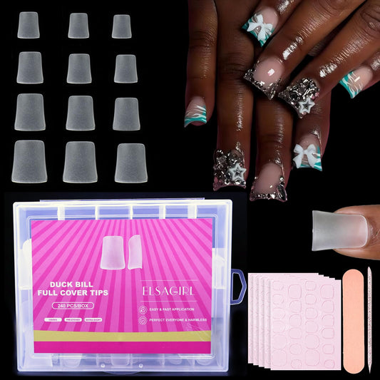 240Pcs Extra Short Duck Nail Tips, Pre-Etched Double-Sided Matte Soft Gel Flare Nails, 12 Sizes Full Cover Duck Bill Fake Nails for Y2K Acrylic Art, Professional False Nail Extensions Kit