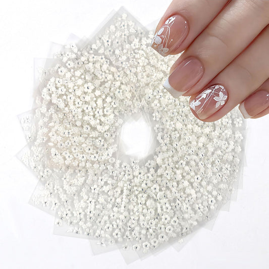 30 Sheets White Flower Nail Art Stickers, 3D Rhinestones Self Adhesive Floral Supplies Decals, Decoration Accessories for Women and Girls