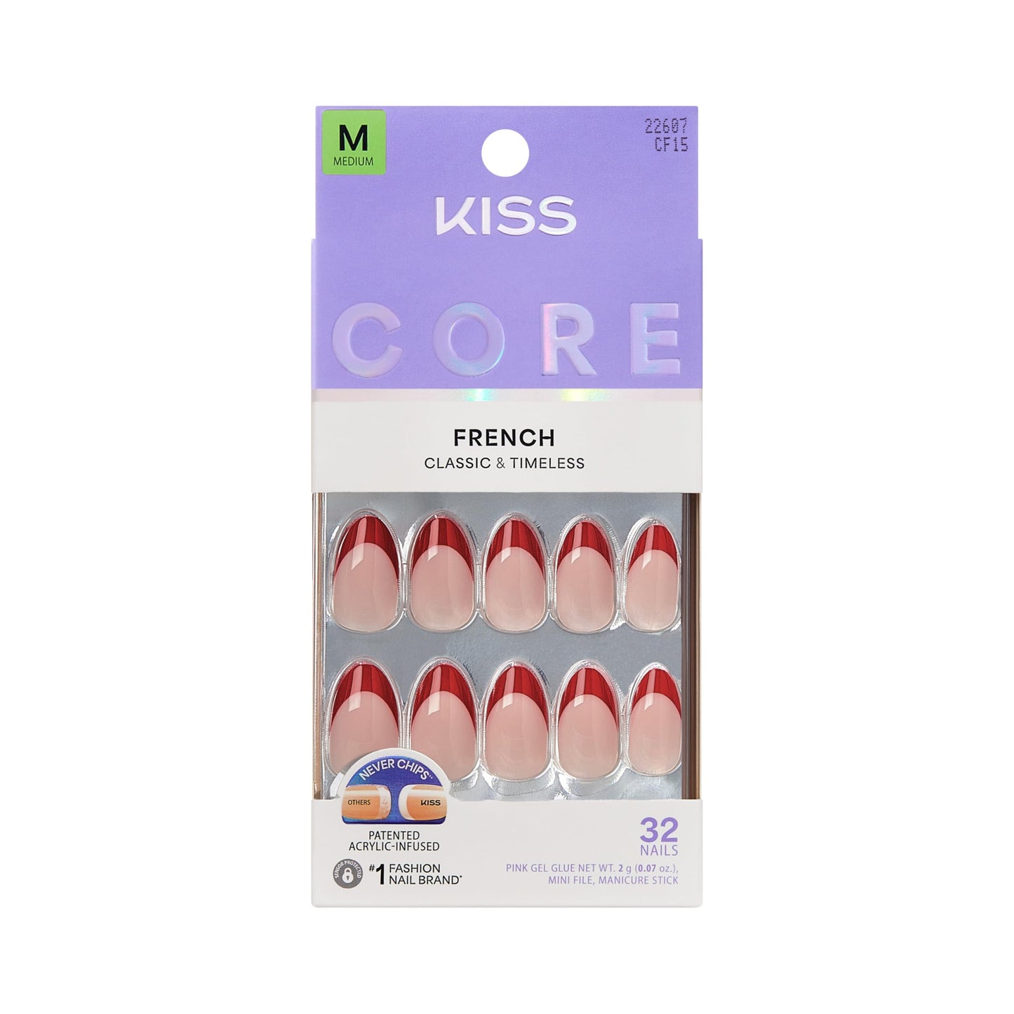 Kiss Core, Press On Nails, Nail glue included, 'Optimistic', Red, Medium Size, Almond Shape, Includes 32 Nails, 2g Glue, 1 Manicure Stick, 1 Mini File