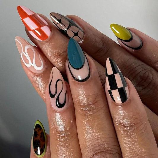 IMRAIN Press on Nails Medium Almond Fake Nails Glossy Glue on Nails Full Cover Black Blue Acrylic False Nails Stick on Nails for Women 24Pcs