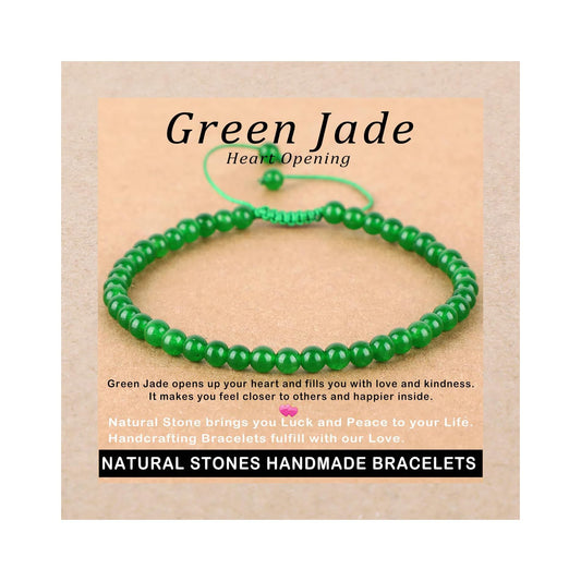 AD Beads 4mm Green Jade Bracelet - Stone of Heart Opening - Handmade Natural Stone Crystal Bracelet with Adjustable Macrame String - Yoga Healing Power Energy Gifts for Men and Women