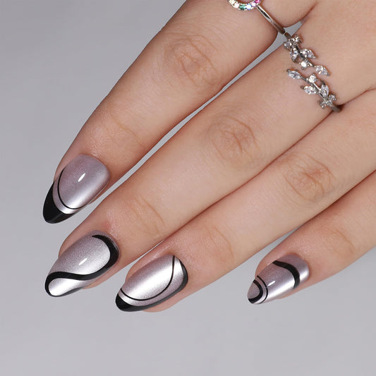 RTKHFZE Press on Nails Almond - Soft Gel Swirl French Tip Press On Nails Short with Nails Glue,Cat's Eye Nails Tips,Fit Perfectly,Reusable Stick on Nails in 16 Sizes - 32Pcs Gel False Nails Kit