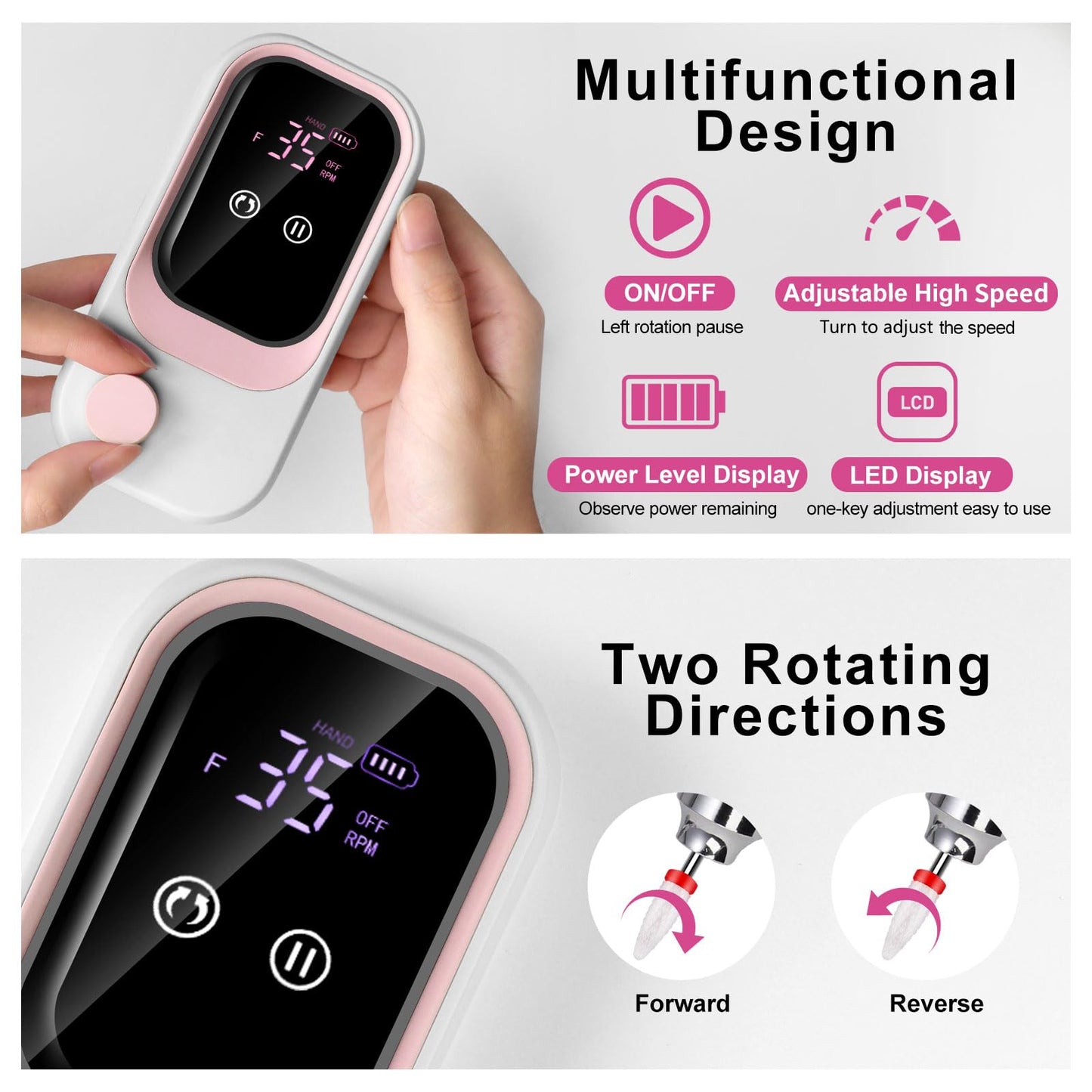 LIMEGIRL Electric File Nail Drill Professional 35000RPM Pink Nail File with Rechargeable Base & Bits Nail Drill Bit Nail Files and Buffers for Acrylic Nail Remove Nail Tech Must Haves for Salon Home