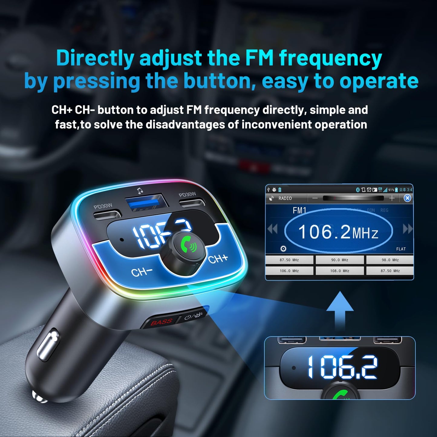 HUNDRUP Bluetooth 5.4 Car Adapter 60W Charging USB Bluetooth Adapter for Car,Wireless Fm Transmitter Radio,Handsfree Calling and Audio Receiver,HiFi Music Player,7 Colors LED Backlit