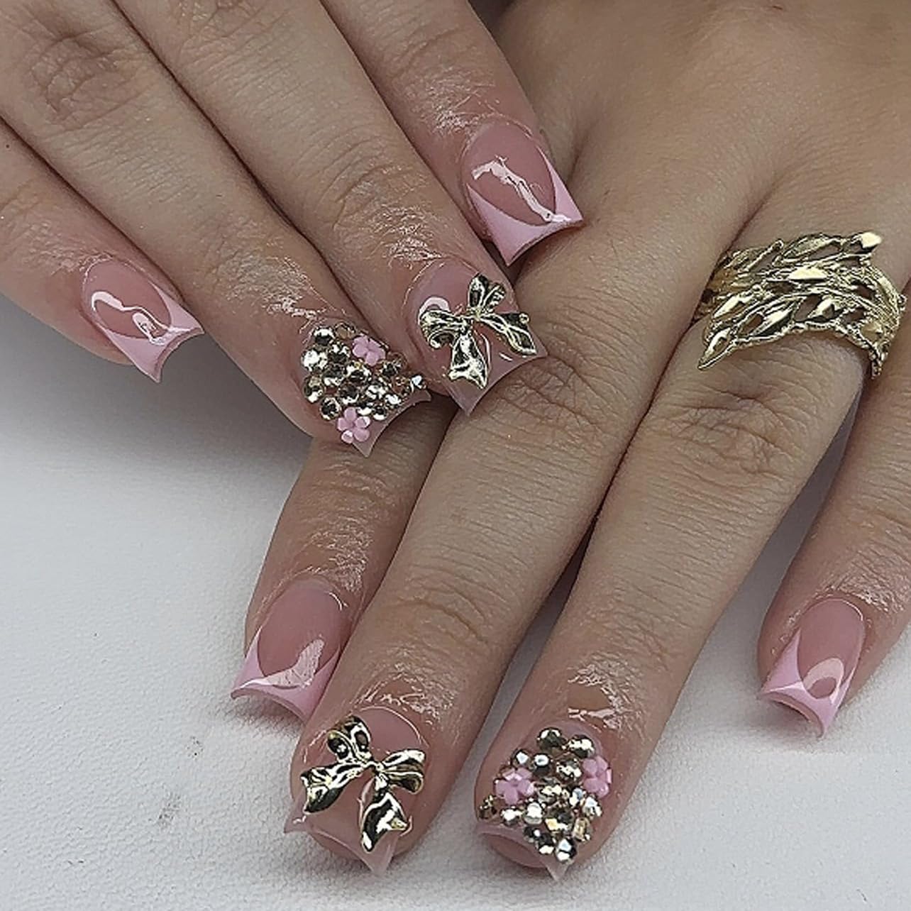 Short Press on Nails Square - Pink French Tip Fake Nails with Silver Bow Design - Rhinestone, Glossy Full Cover Stick on False Nails - for Women 24 Pcs
