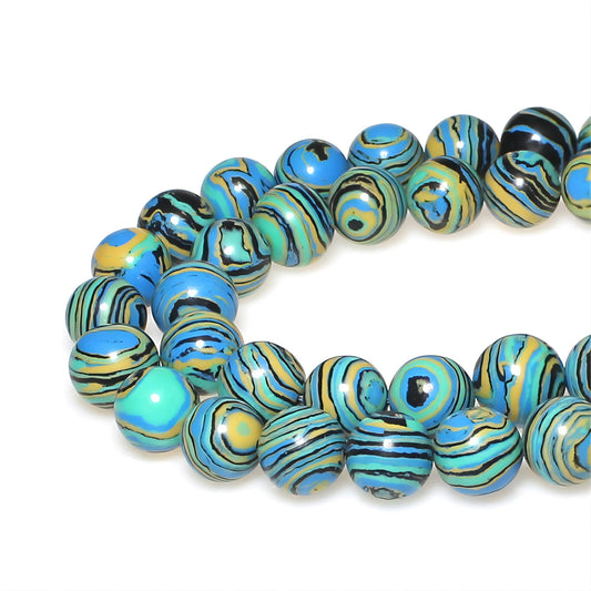 MJDCB Synthesis Colour Malachite Beads Beautiful Fashion Round Stone Beads for DIY Jewelry Making 15" (10mm, Blue- Gold - Black)