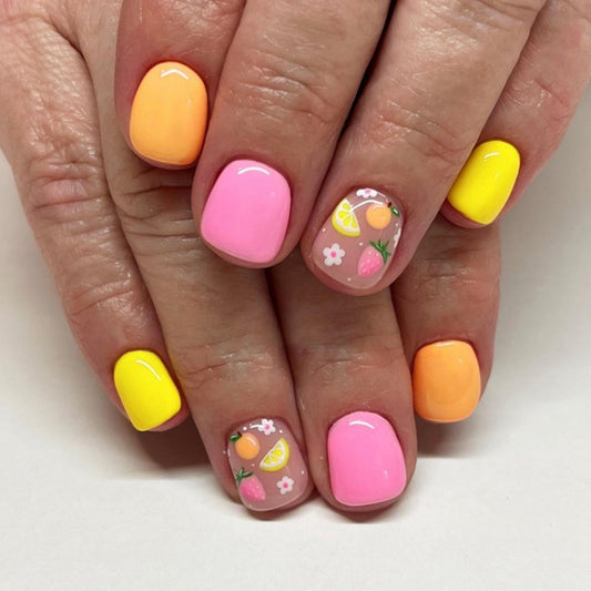 Pink Press on Nails Short Square Fake Nails with Flower Fruits Design Glossy Yellow Glue on Nails Orange Nails Press ons Reusable Full Cover Spring Summer Acrylic Nails for Women Manicure 24Pcs