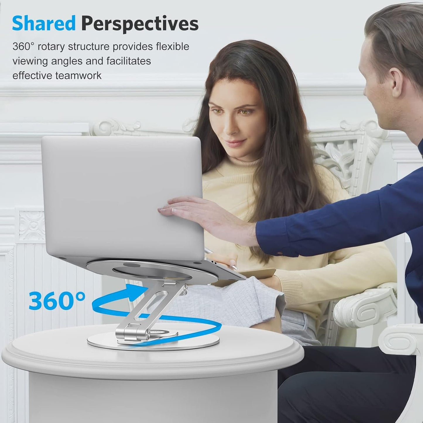 OMOTON Adjustable Laptop Stand with 360 Rotating Base, Ergonomic Laptop Riser for Collaborative Work, Dual Rotary Shaft Fully Foldable for Easy Storage, Fits All Laptops up to 16 inches, Silver