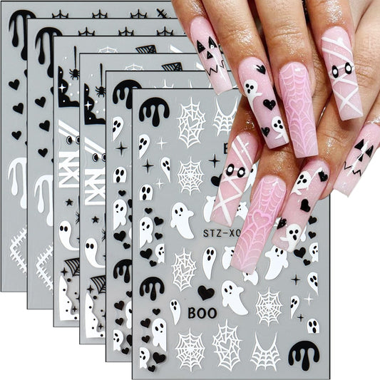 6 Sheets Halloween Nail Stickers Cute Ghost Nail Decals 3D Spider Web Goth Nail Design Sticker Scary Bloody Spider Nail Art Stickers French Manicure Decals Decoration for Women Holiday Salon Supplies