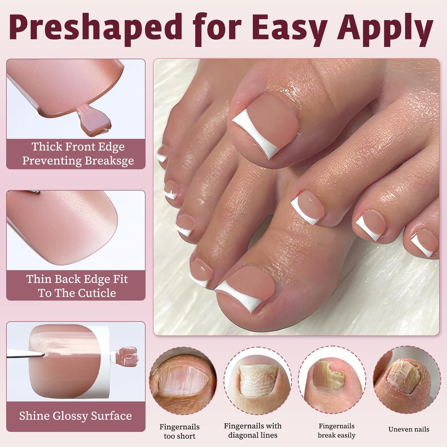 Bellelfin French Press On Toenails For Women with Nail Adhesive Tabs, 150 Pcs White French Tip Toe Nail Press Ons, Short Square Toenail Press On, 15 Sizes Full Cover Acrylic Fake Toe Nails