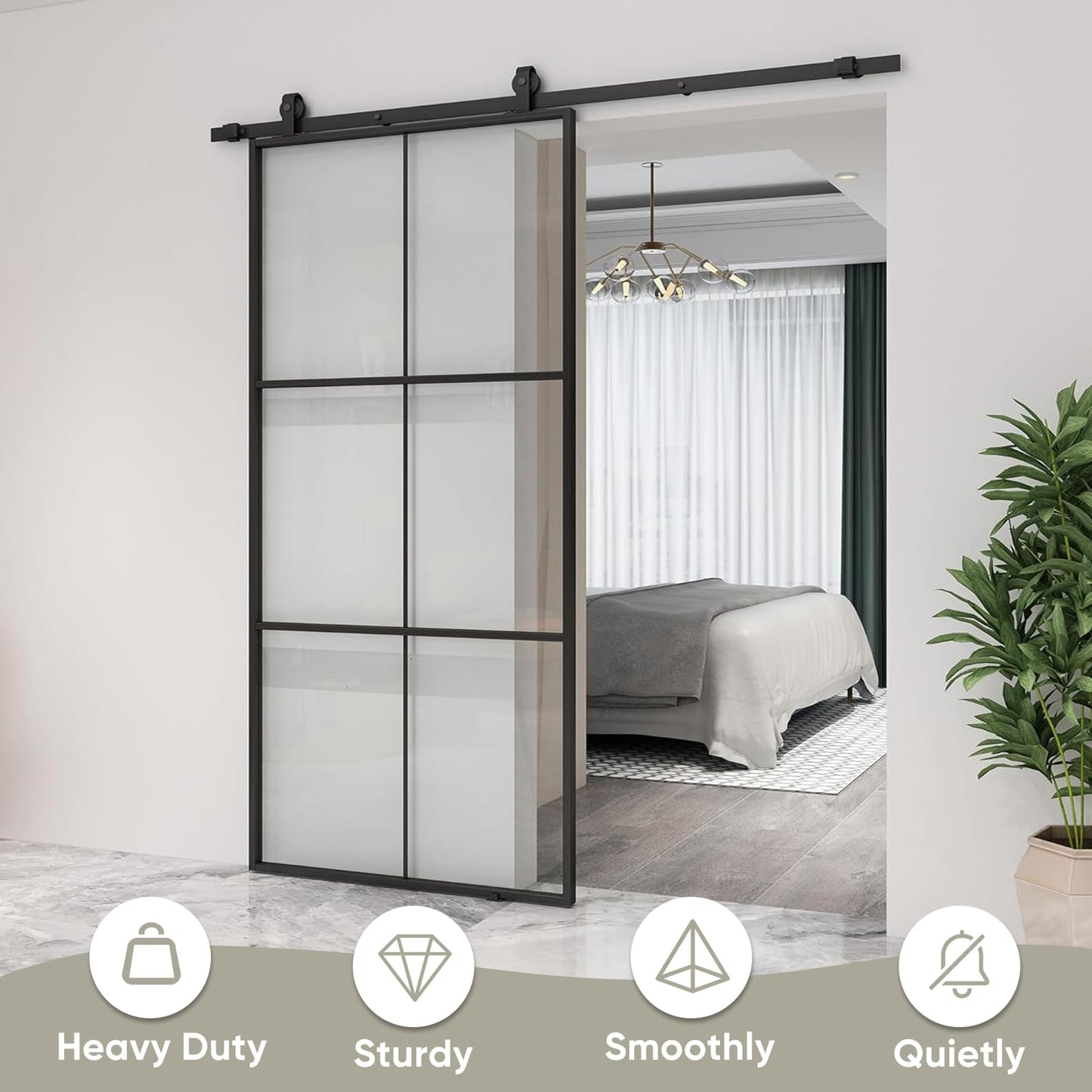 JUBEST 34in x 84in Glass Sliding Barn Door with 6ft Hardware kit, 3-Panel Black Aluminum Frame and Clear Tempered Glass Modern French Door, Easy to Install