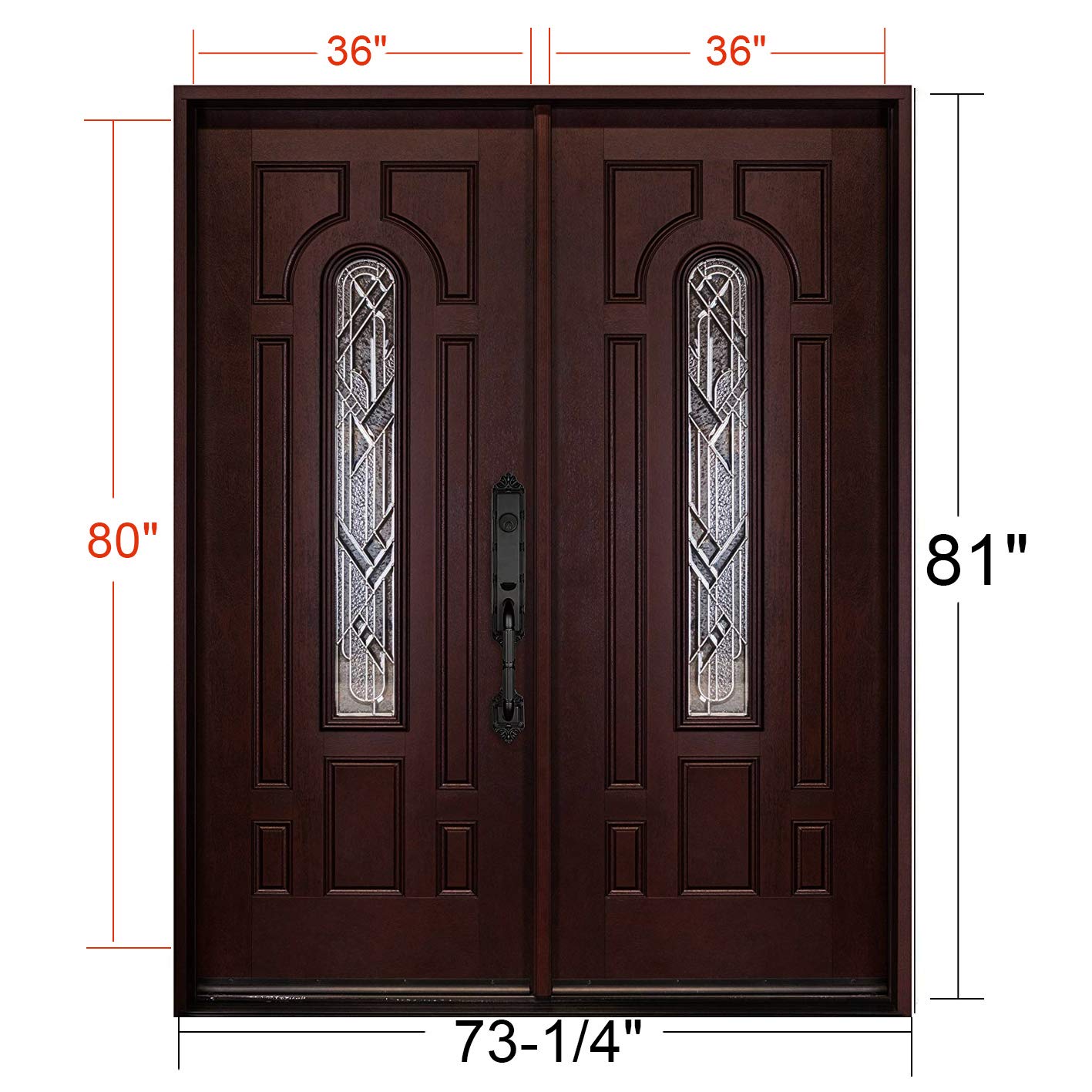 BGW Doors Mahogany Finish Fiberglass Double Front Entry Door with Brickmould and Decorative Glass, Prehung Pre-Finished Exterior Door, Right Hand Inswing, 36x36x80
