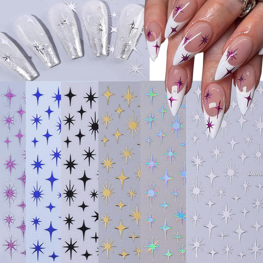 6 Pcs Star Nail Stickers for Nail Art, 3D Self-Adhesive Various Colorful Nail Decals, Nail Supplies Nail Art Design Accessories for Women and Girls Manicure DIY Decoration