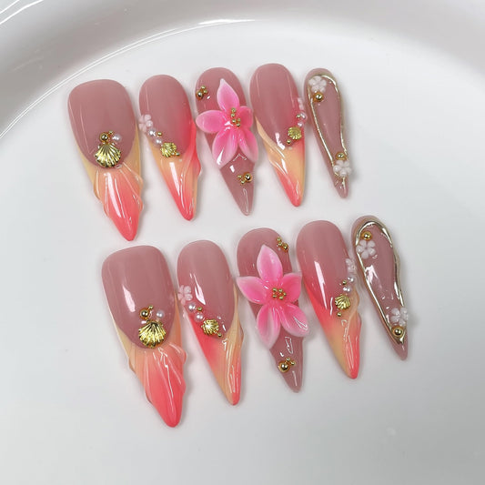 Vseegrs Pink Handmade Press on NailsStiletto Long Artificial False Nails with Designs Gold Embossed SeashellAcrylic Nail Press ons Pearl Press on Nail Kit for Women 10pcs (L)