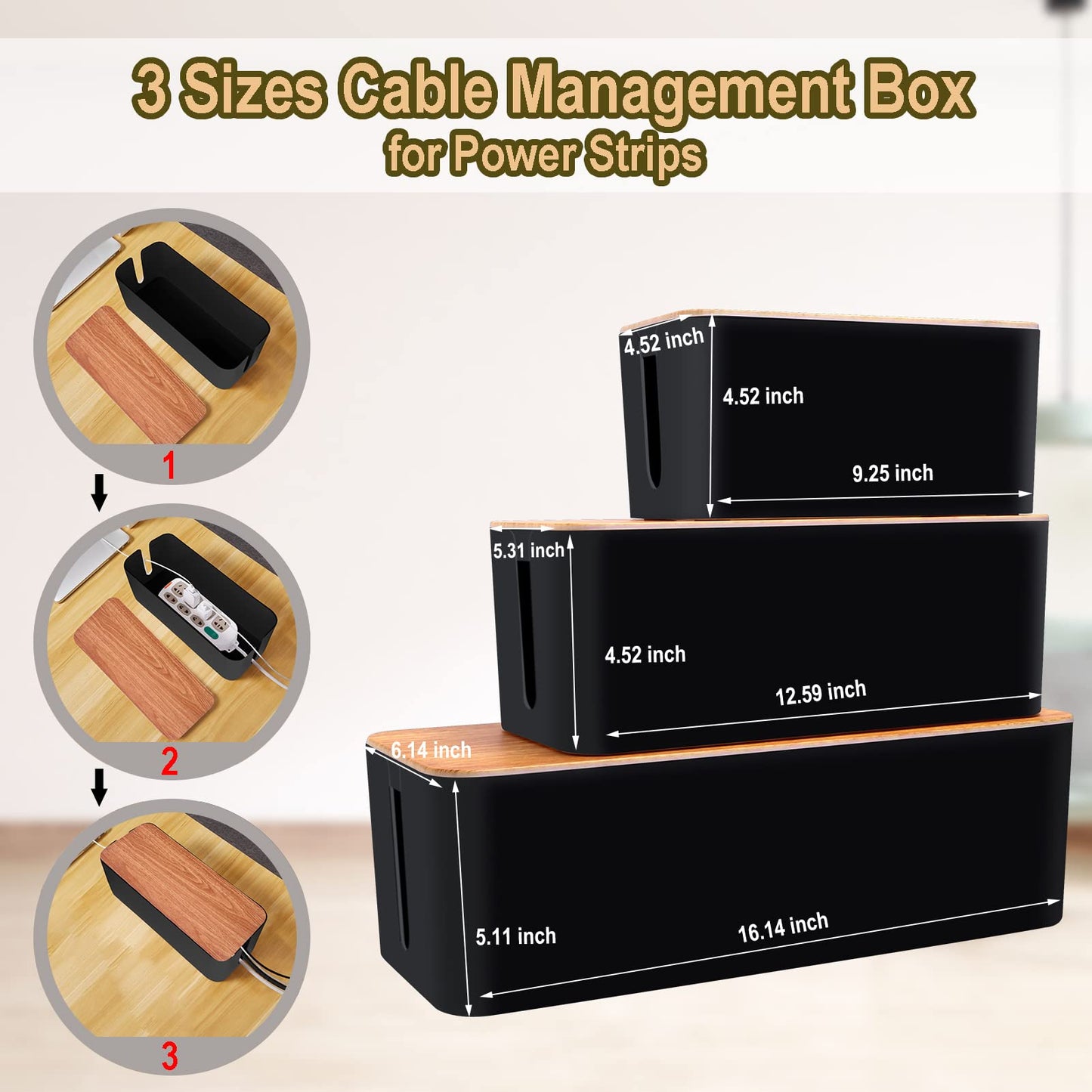 YUANYE Cable Management Box Cable Management Kit for Power Strip to Hide Wires,Cord Organizer Boxes,Safe ABS Material Wire Organizer of Cable Clips Sleeve for Home & Office,3Pack-128PCS /Black