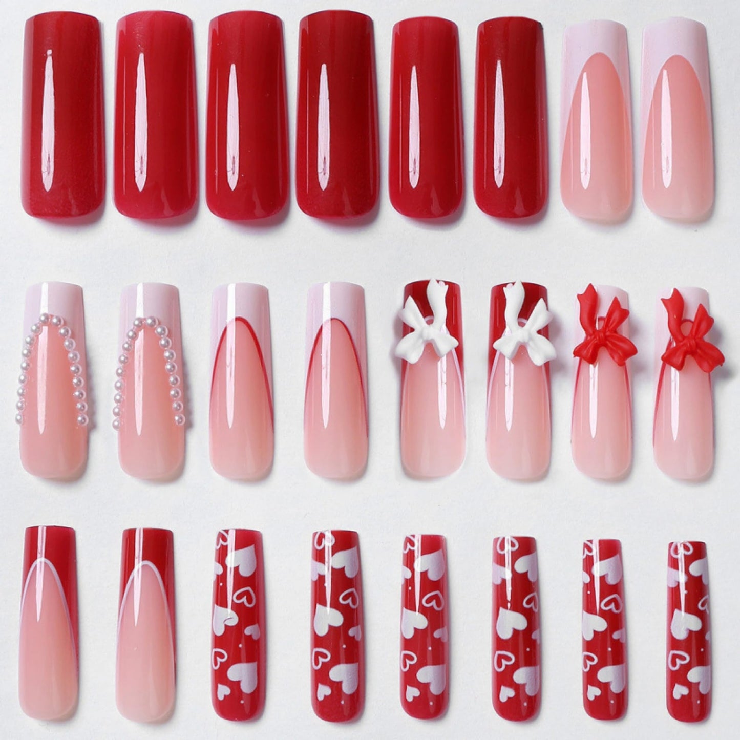 Octoswave Valentine Long Press on Nails Square Fake Nails Red Artificial Nail Bow and Pearl Stick on Nail for Women 24pcs