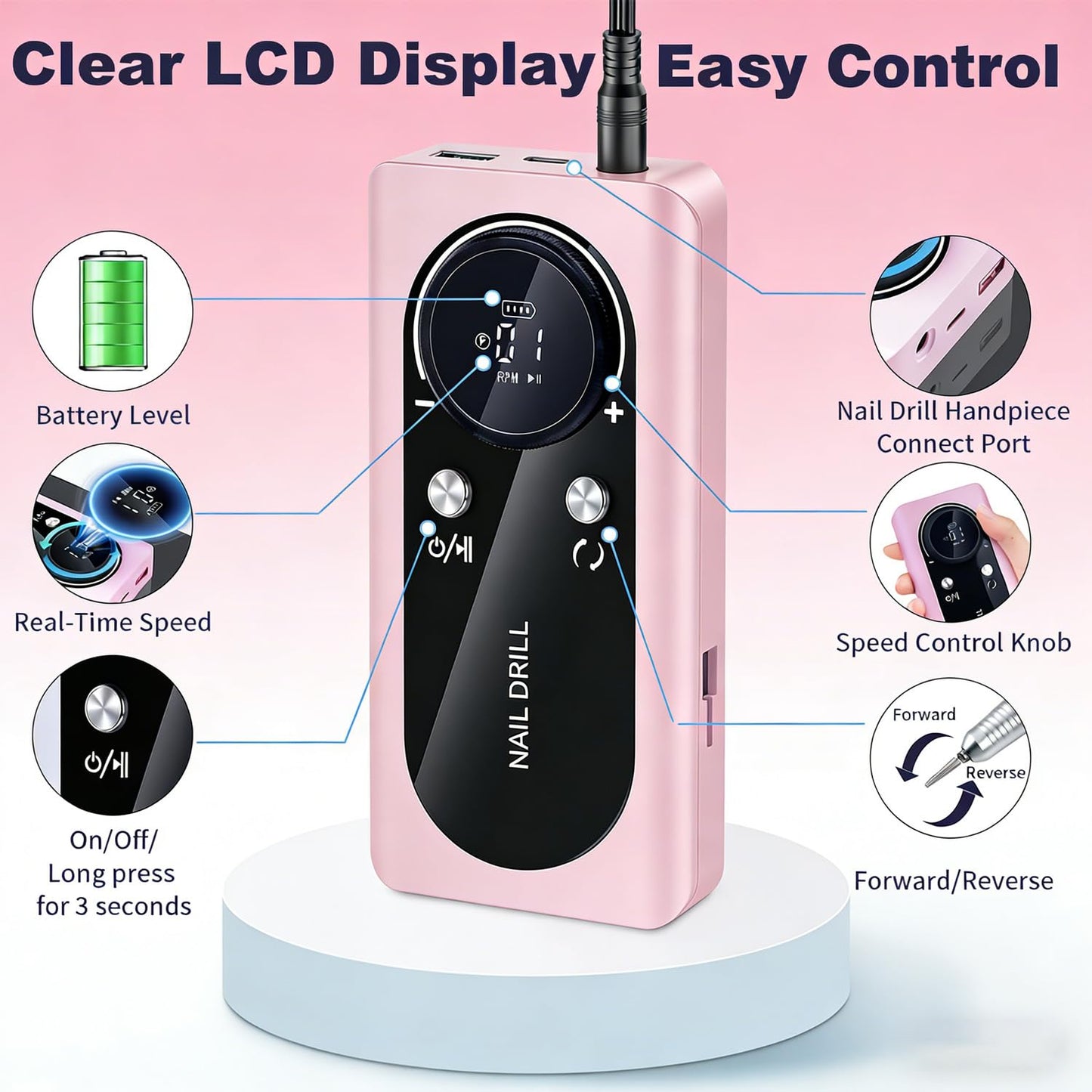 Electric Nail Drill Professional: 45000RPM Rechargeable Nail File with Bits for Acrylic Gel Nails, Professional Nail Drill Machine for Manicure & Pedicure Polishing Shape Tools for Home Salon