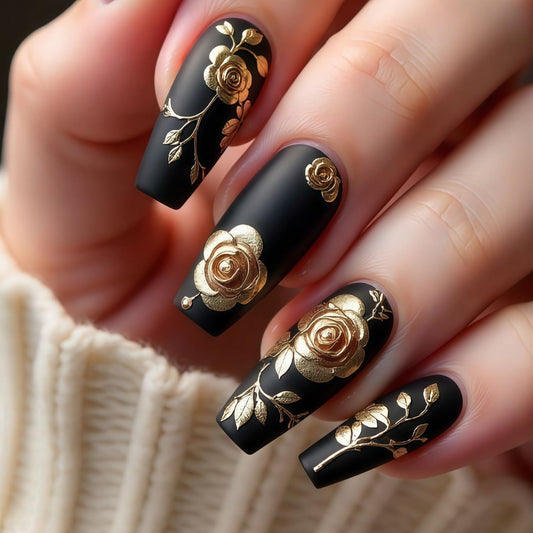 24pcs Press on Nail Long Coffin Fake Nails Black with Gold Floral designs 3D False Nails Full Cover Luxury Press ones Glossy Reusable Acrylic Glue on Nails for Women Art Manicure