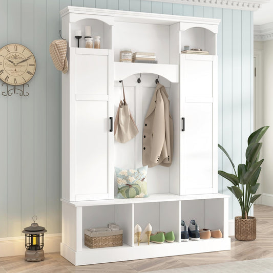 Merax Hall Tree with Bench and Shoe Storage 77.3" Tall with Adjustable Shelves, Modern All-in-One Entryway Bench with 2 Side Cabinets & 7 Hooks, Elegant Arched Design, 55.1"L x 15.7"W (White)