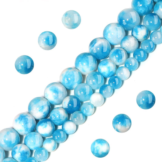 Filluck Natural Stone Beads 8mm Blue White Jade Polished Round Smooth Gemstone Beads for Jewelry Making Adults 15 Inch(Blue White Jade,8mm)