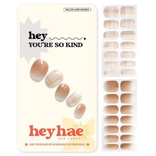 Heyhae Semi Cured Gel Nail Strips | No LED Lamp Needed | Ombre, Beige, Brown | Easy Apply & Remove, Salon Quality | Includes 28 Strips, 1 Prep Pads, Nail File & Wooden Stick - Hey, You're So Kind
