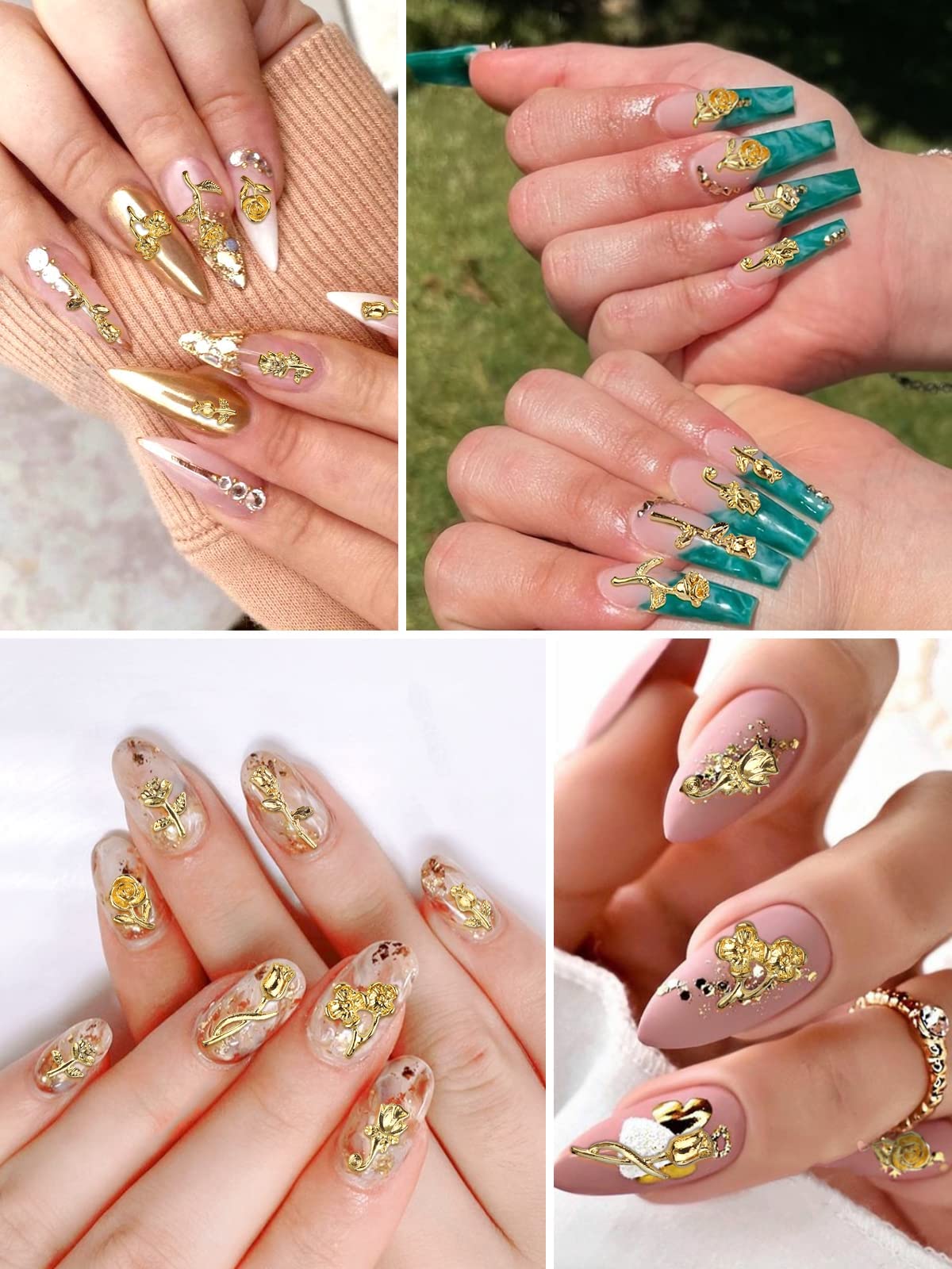 TOROKOM 120 PCS 3D Gold Rose Nail Art Charms Romantic Flowers Nails Decorations Alloy Nail Charms for Girls Women DIY Nail Design Craft Jewelry Making