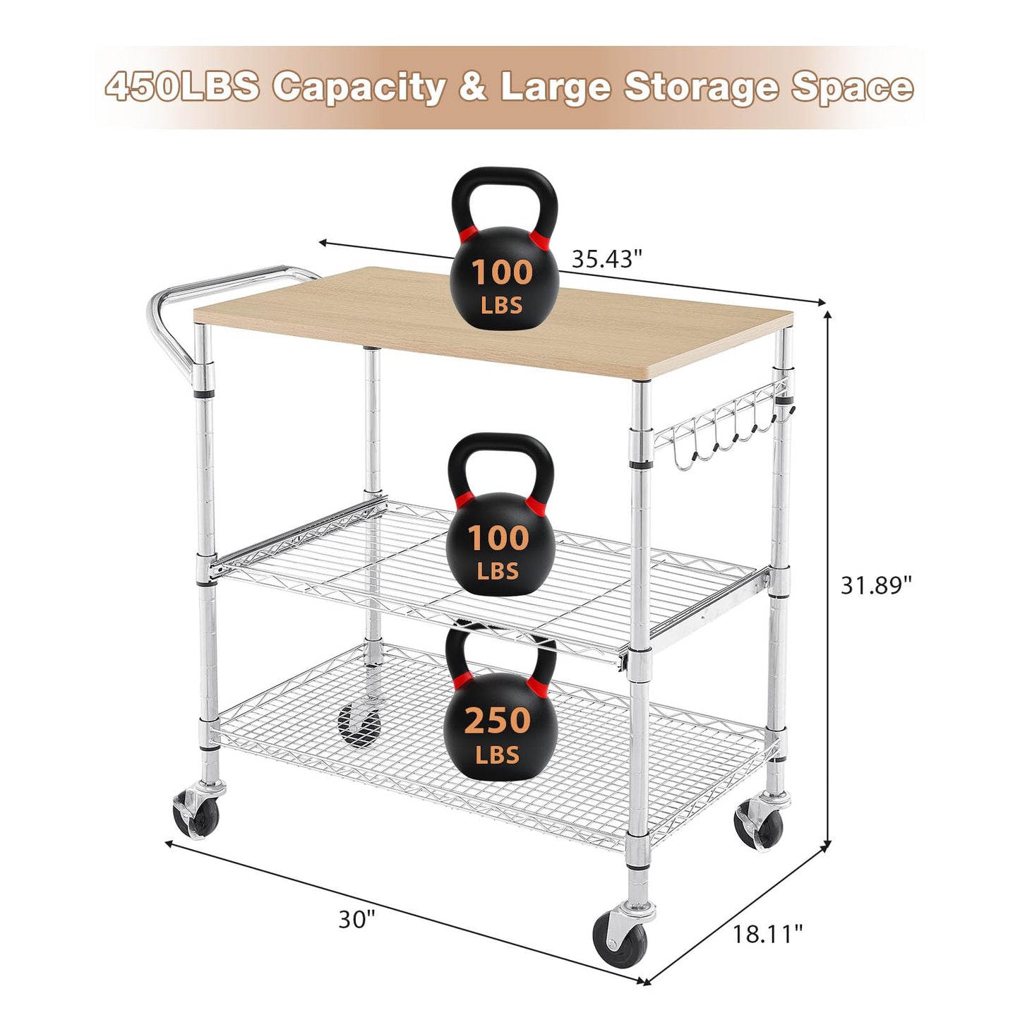 3 Tier Rolling Kitchen Cart with Wood Tabletop, Kitchen Island Carts with Wheels & Slider Shelf, Microwave Cart on Wheels, Coffee Cart with Hooks, 35.4" L*18.1" W*31.9" H，Wood+Chrome