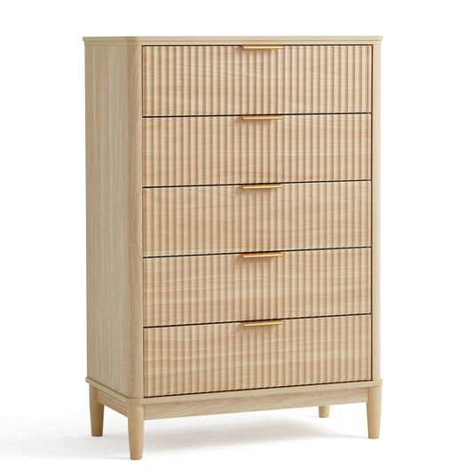LINSY HOME Fluted 5 Drawers Dresser, 46" Tall Modern Chest of Drawers, Curved Profile Design, Mid Century Wood Dresser with Metal Handle for Bedroom, Living Room, Hallway, Entryway, Oak
