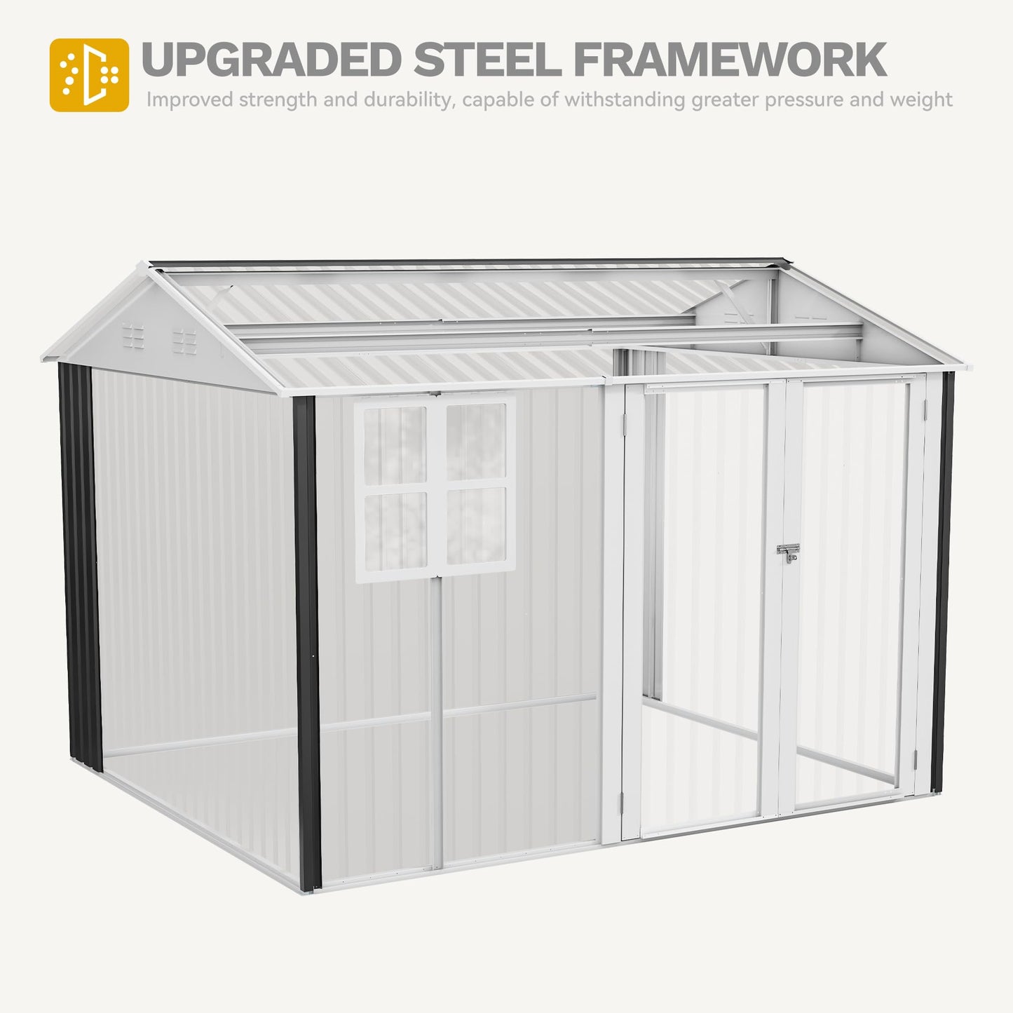 DWVO 10x8ft Large Tool Storage Shed with Window, Lockable Doors, and Sloped Roof, Oversized Steel Outdoor Storage Shed for Garden, Patio, Garage, Backyard, Lawn - Dark Gray