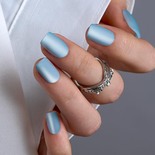 CurvLife Press On Nails Short Square Frost Veil Matte Blue Cat Eye, Soft Gel Fake Nails, Reusable Salon Look Manicure for Women Teens Beginners, 30pcs, Daily Wear Work Party