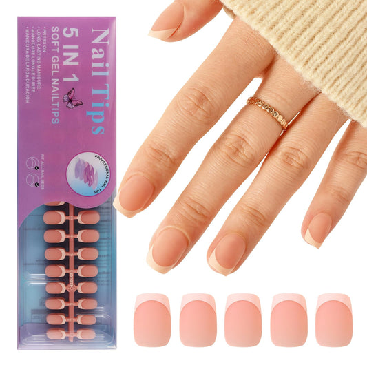 Jellyqueen French Gel Nail Tips 150Pcs Short Square French Tip Press on Nails No Need to File Tips Pre-lasting, Fake Nails for Nail Art DIY 15 Sizes for Women, DIY Salon Style (A18-02-06)