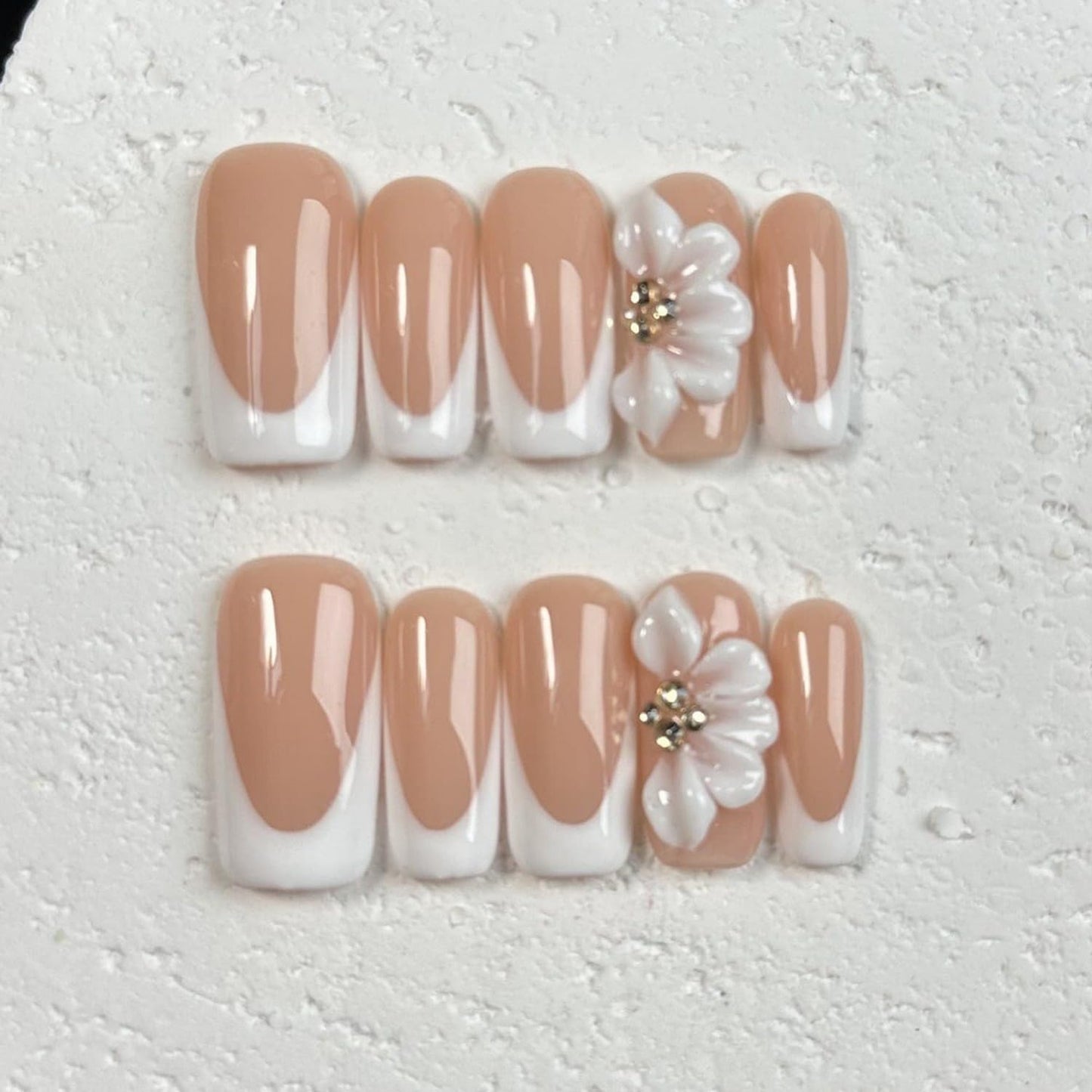 White French Tip Handmade Press on Nails Medium Square Fake Nails Muti-Layer Gel False Nails with 3D Flower Rhinestones Designs Thick Acrylic Nails Full Cover Stick on Nail for Women Nail DIY (Size M)