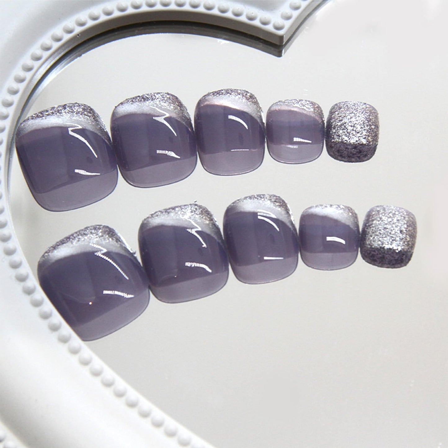 24Pcs Sliver Glitter Press on Toenails Short Square Fake Toe Nails Gray Purple Toenail Press ons Sparkling Glossy Acrylic Toe Press on Nails Full Cover Reusable Stick on Toenails for Women