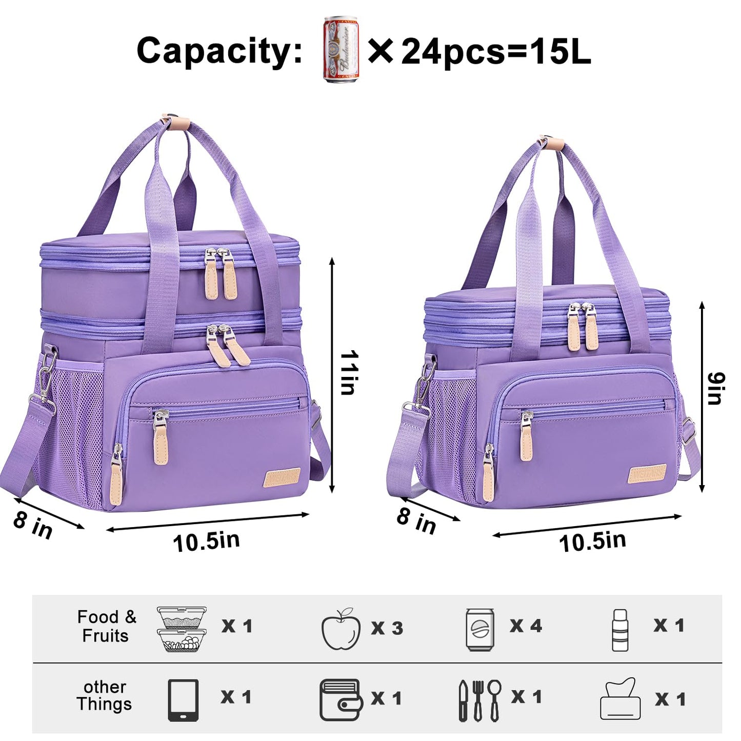 Weitars Insulated Lunch Box for Women Men-Dual Compartment Waterproof Reusable Large Lunch Bag Wide-Open Tote Cooler Bag For Working Picnic Hiking (15L) (Purple)