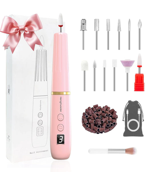 HengYuaoler Electric Nail Drill Machine File Efile Set for Acrylic Gel Nails Portable Nail Drill Machine Kit Rechargeable Pedicure Tools for Hand Feet Manicure Pedicure Tools Polishing Set (Pink)