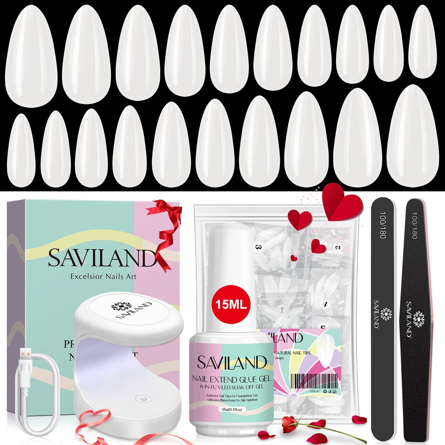 SAVILAND Gels Nail Kit Almond: Natural Nail Tips 500 Pcs and 4 In 1 Nail Glue Gel, U V/LED Nail Lamp Pre-shaped White Full Cover False Nails for Acrylic Nail Kit Nail Art DIY Salon At Home Gift