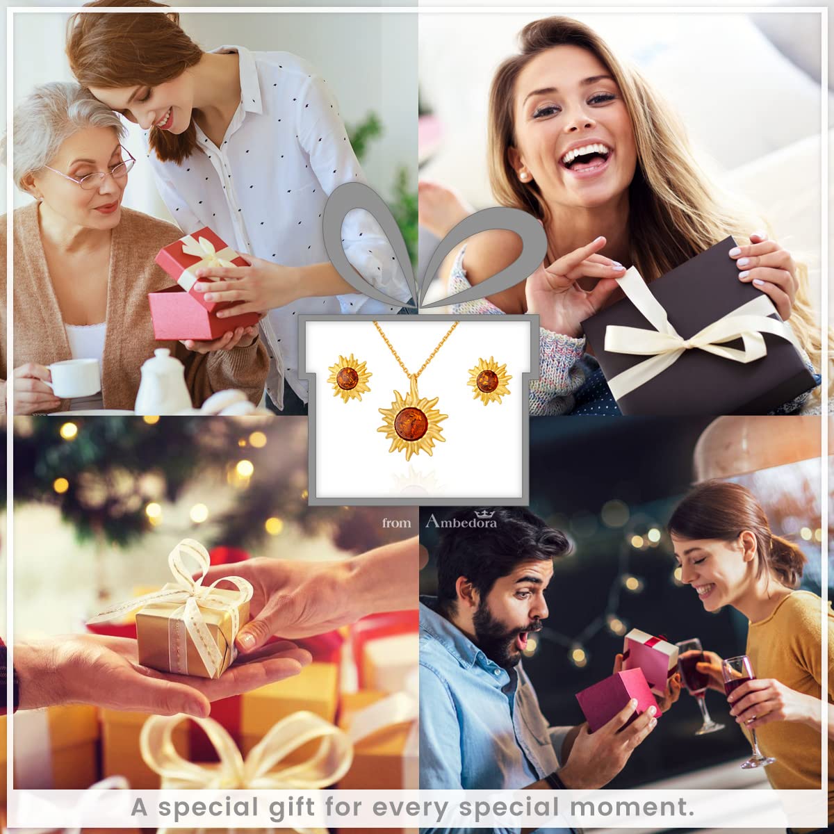 AMBEDORA Women's Jewellery Set Little Sun, Gold Plated Sterling Silver, Baltic Amber in Cognac Colour, Gold Plated Pendant on Chain and Earrings