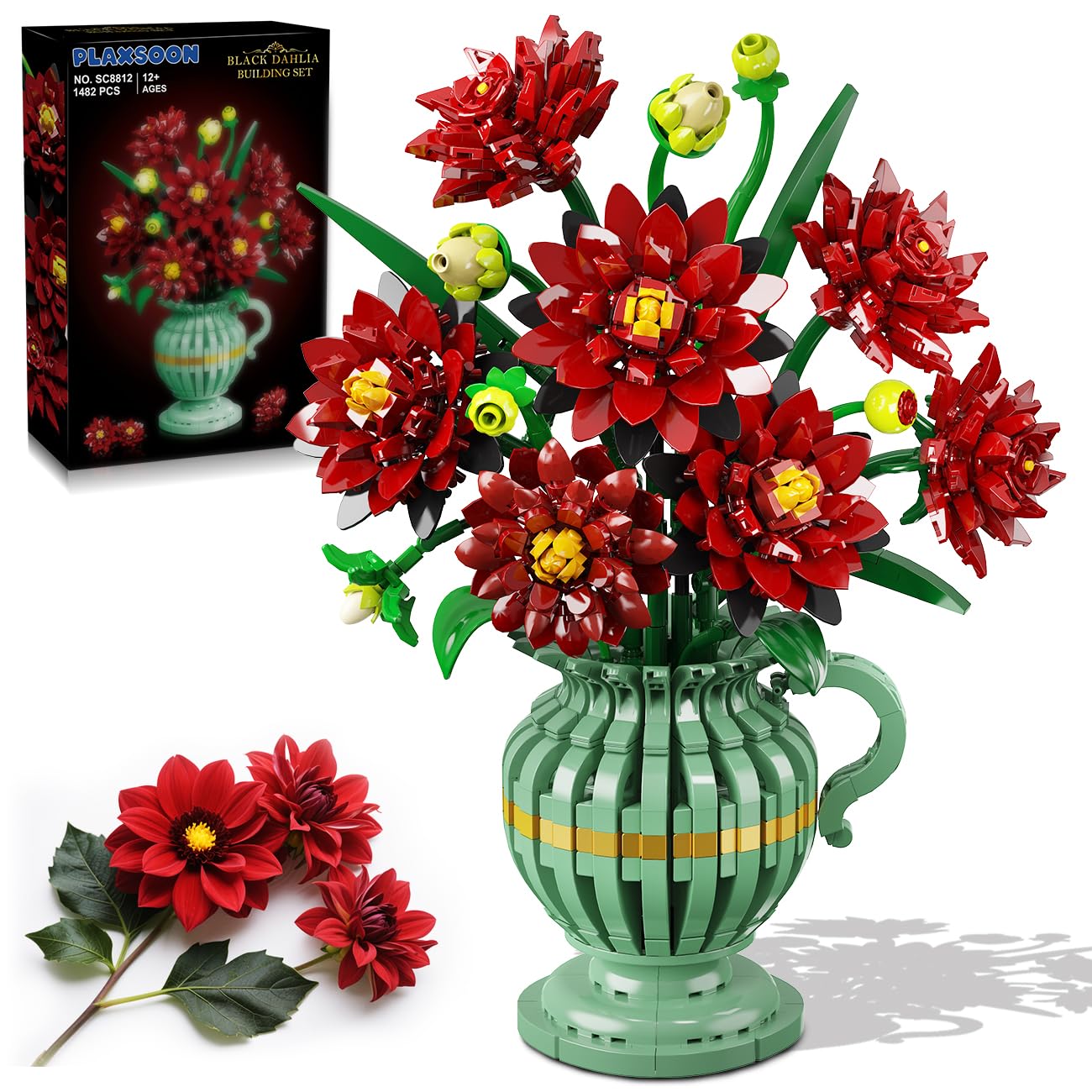 PLAXSOON Flowers Building Set, Dahlia Flower Bouquet Gift for Mothers Day Botanical Collection Building Block for Women Her Adult, 1482 PCS Gothic Plant Bonsai Kit Decor for Mom Wife Couple Girls 12+