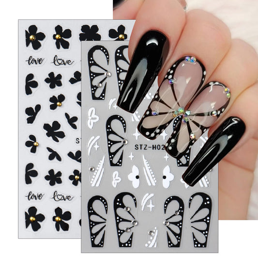 Butterfly Nail Stickers - 5D Rhinestone Butterfly Nail Decals Black Flowers with Gold Pearls Nail Designs Self-Adhesive Nail Art Supplies Women's Nail Art