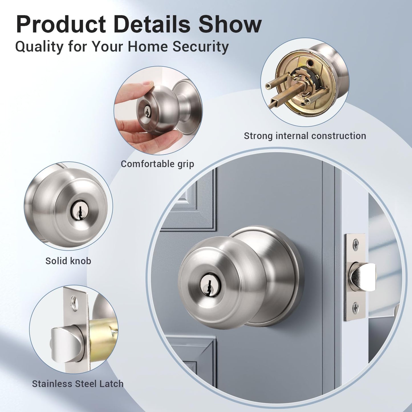 KNOBWELL 3 Pack Brushed Nickel Door Knob with Lock and Key, Keyed Alike, Exterior Keyed Door Knobs Lock with Same Keys in Solid Stainless Steel for Entrance and Front Door, Round Ball Handle