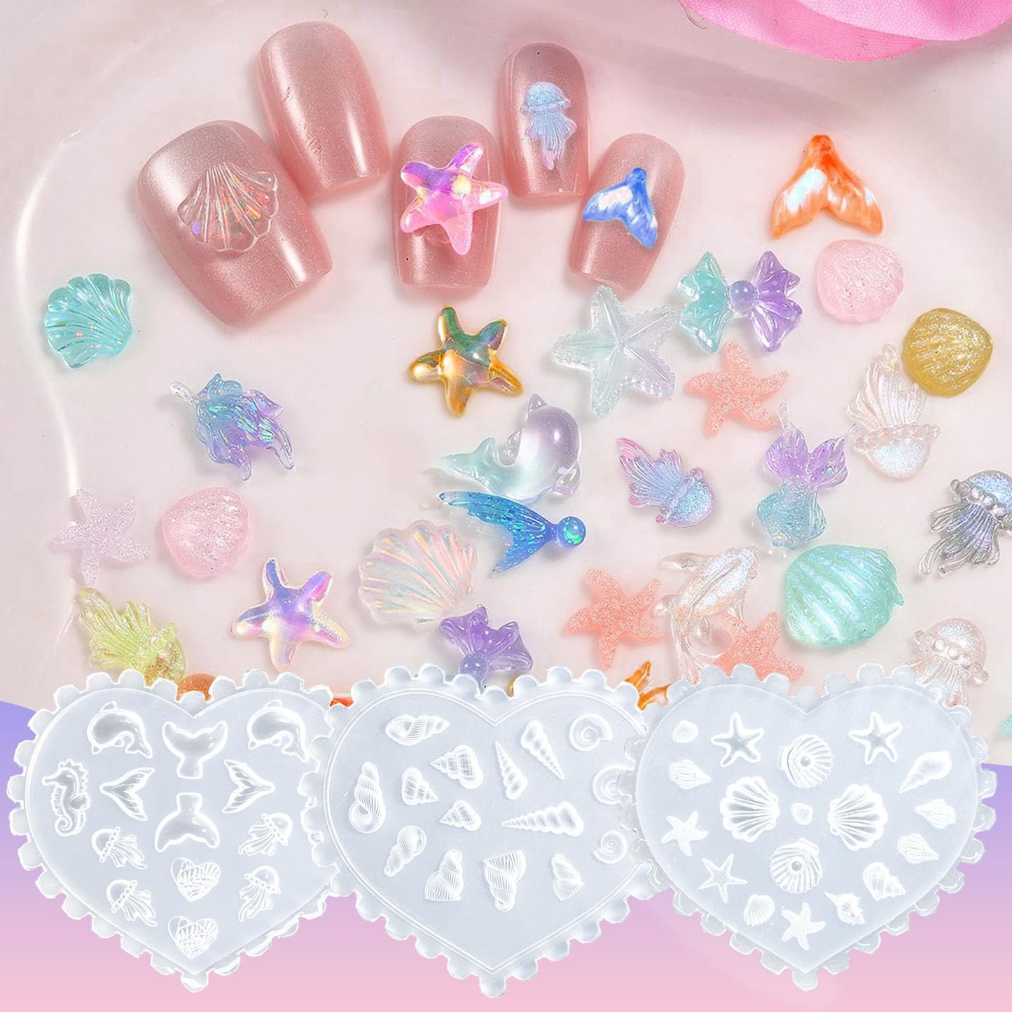 3D Silicone Nail Molds, 6Pcs Ocean Nail Art Molds Art Nail Silicone Mold with 103 Sea Charm Starfish Resin Seahorse Template Mould for Women Holiday Beach Nail Charms Accessories