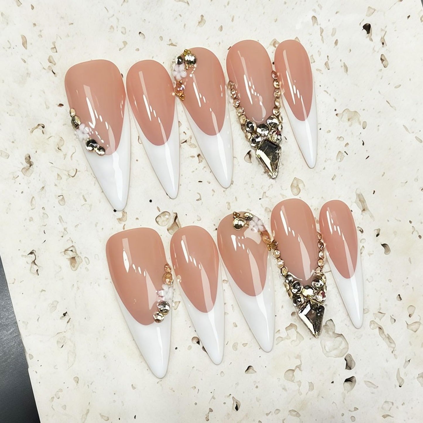 Handmade Press on Nails Long Stiletto Fake Nail Luxury 3D Golden Rhinestones Design White French Tip Stick on Nails Thick Fake Nail DIY Art Elegant Elegant Acrylic Nails for Women (S)