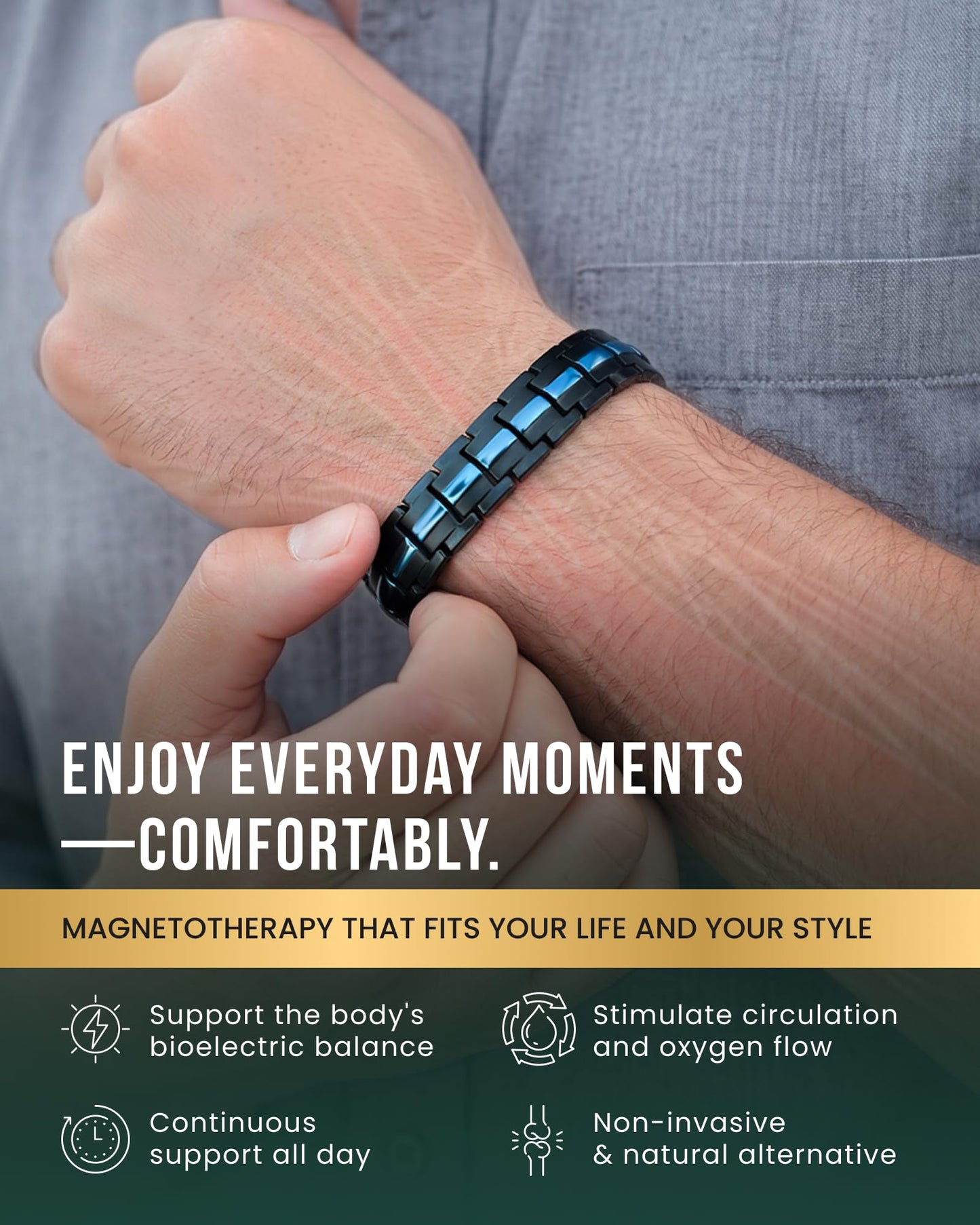 MagnetRX® Magnetic Bracelets for Men - EllipseMAX 5X Strength 5,000 Gauss Magnets - Designed in USA & Patent Pending - Premium Titanium Mens Magnetic Bracelet & Adjustable Length (Black & Blue Line)