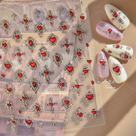 Phuryllic 3D Nail Stickers for Nail Art, Embossed Self-Adhesive Cute Nail Charms & Decals for DIY Nails, Easy-to-Apply Nail Design Supplies & Accessories for Home Manicure-Cross Shape Red Heart