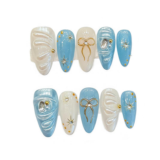 Handmade Press on Nails Medium Almond Fake Nails withGlue,Luxury Rhinestone & 5D Bow Blue Press ons Muti-LayerGel Handmade False Nails for Women (Size M)